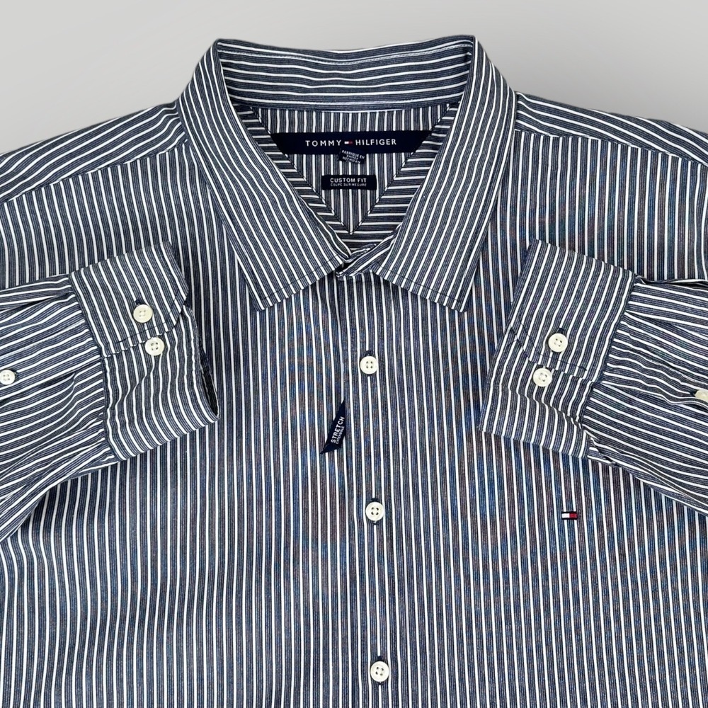 Tommy Hilfiger Dress Shirt Men's 2X Navy Blue White Stripe Stretch Long Sleeve